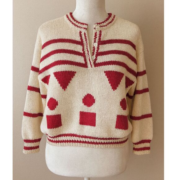 Vintage Diane Von Furstenberg Geometric Knit Sweater White Red Size Small - Picture 1 of 9